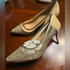 Journee Collection Gold Glitter Pointed-Toe Heels with Mesh